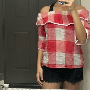 Women's Red Plaid Off-Shoulder Ruffle Top